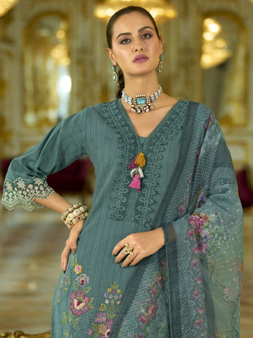 Varanga Women-Floral Motif Thread Embroidered Schiffli & Orangza Lace Detailed Kurta With Trouser & Dupatta